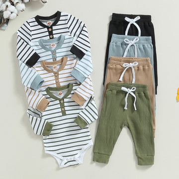 0-24M Spring Autumn Baby Boy Clothing Sets Ribbed Knitted Striped Print Long Sleeve Button Bodysuits+Drawstring Long Pants Suits