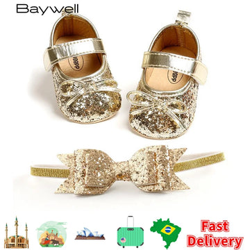 Sequins Baby Shoes Leather Toddler Baby Girl First Walkers Sets Headband Bow-knot Soft Sole Hook & Loop Bling Shoes for Girls