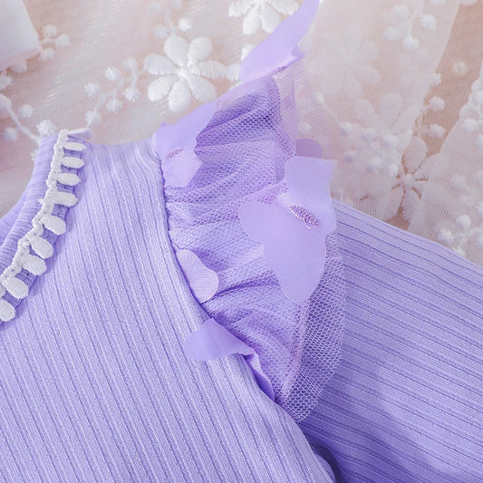 0-18M Baby Dress With Headband Long Sleeve Purple Flower Dress Infant Party Dresses Bow Floral Mesh for Newborn Birthday Party