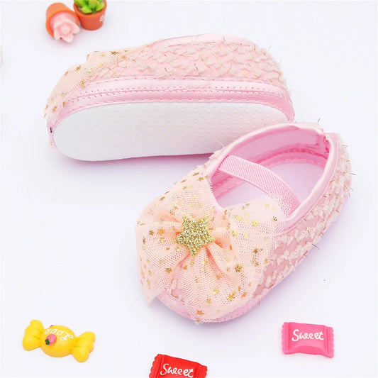 Toddler Newborn Baby Girls First Walkers Cotton Cloth Shoes with Pentagram Sequins, Bow Mesh Sweet Decoration Accessory Princess
