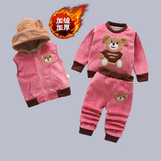 Baby Fleece Sets Children Plus Velvet Thickened Tripartite Boys Girls Cotton Top Coat Pants 3Pcs Kids Warm Three-Piece Suit