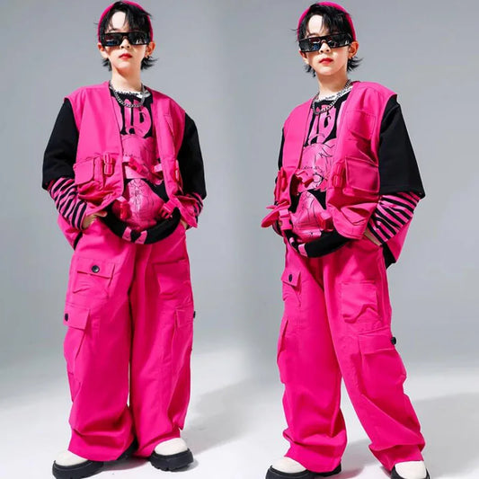 Children Hip Hop Outfits Printed Sweatshirt Boys Street Dance Pullover Pink Cargo Pants Girls Streetwear Kids Jazz Clothes Sets