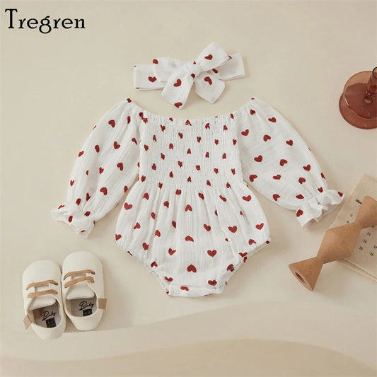 Tregren Infant Baby Girls Valentine's Day Romper Heart Print Long Sleeve Boat Neck Jumpsuits Spring Fall Bodysuits with Headband