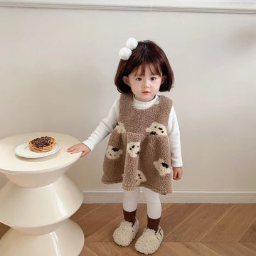 2023 Winter New Baby Girl Sleeveless Lamb Fleece Dress Kids Girls Warm Vest Dress Plus Velvet Thick Infant Princess Clothes