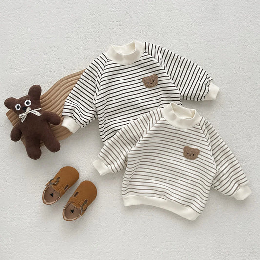 2023 Winter Fall New in Kids Baby Boys Full Sleeve Striped Cartoon Bear Top Sweatshirts Solid Pants Infant Thick Plush Clothing