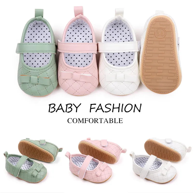 Pink White Green PU Bow Soft Sole Baby Girl Shoes Princess Little Girl Outdoor Walking Shoes Infant Toddler First Walkers