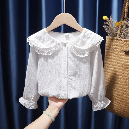 1-8 Years Kids Girl Long Sleeve Top Lace Collar Autumn Korean Style White Top Toddler Girl Shirt Clothes
