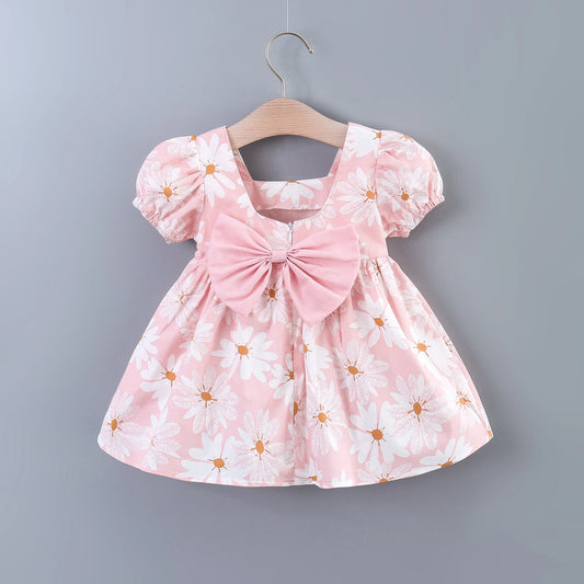 Baby Girls Casual Floral Graphic Print Puff Sleeve Bowknot Back Dress Clothes For Summer