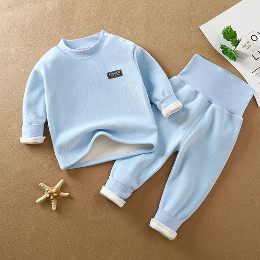 Warm underwear set for autumn and winter babies, thickened high waist and belly protection baby casual children's clothing