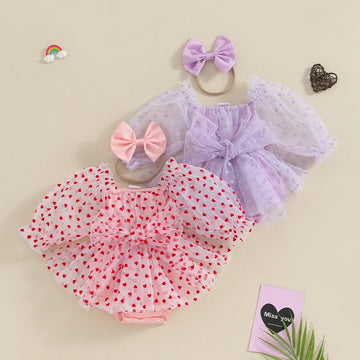 Tregren Cute Infant Baby Girls Romper Dress Valentine's Day Heart Print Long Puff Sleeve Mesh Tulle Jumpsuit + Bow Headband Sets