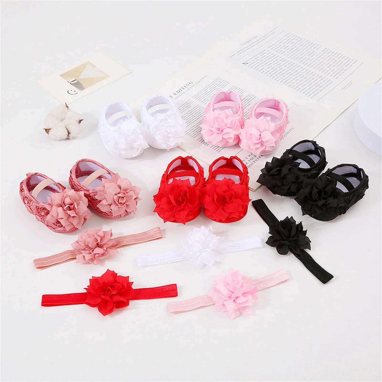 Pudcoco Baby Girls Princess Shoes Flower Mary Jane Flats Dress Walking Shoes and Cute Headband for Newborn Infant Toddler 0-12M