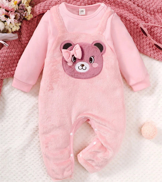 Baby Girl Romper Autumn&Winter Daily Bodysuit Pink Bear Print Long Sleeve Lovely Jumpsuit Clothing for Toddler Girl 3-24 Months
