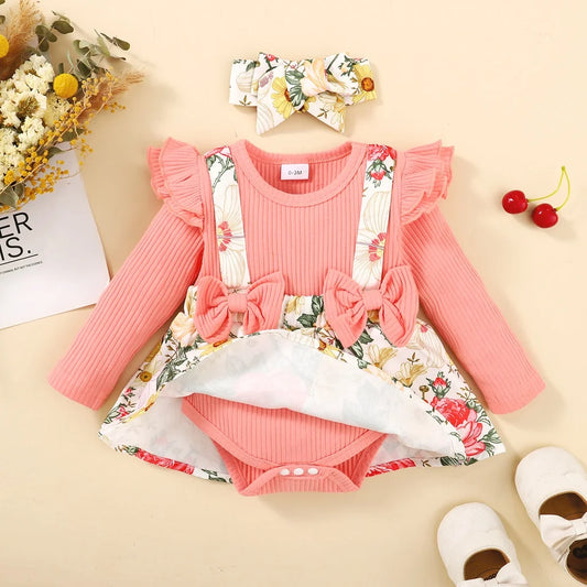 2PCS Infant Girl Clothes Outfit Newborn Baby Girl Romper Dress Flower Long Sleeves Bodysuit with Headband for 0-18 Months