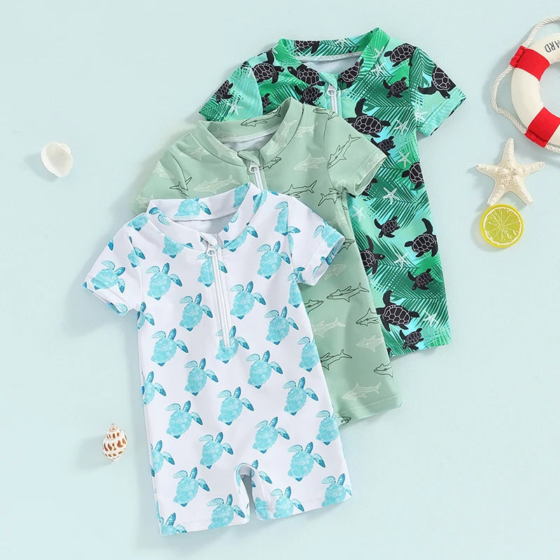 VISgogo Toddler Boys Rash Guard Swimsuit Rompers Zipper Short Sleeve Turtle/Shark Print Kids Bathing Suit Baby Swimwear