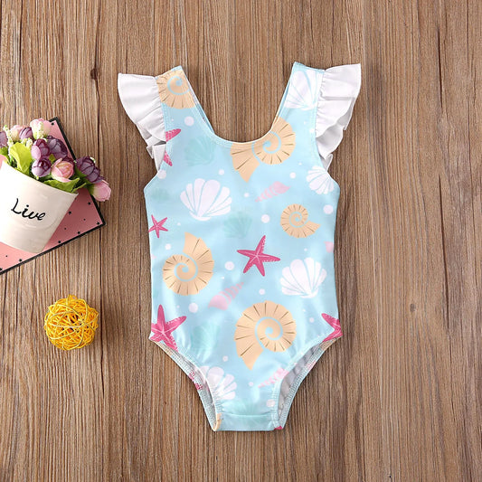 Newborn Baby Kid Girls Swimsuit Bow Ruffles Shell Starfish Print Swimwear For Girls Summer Baby Girl Bathing Suit