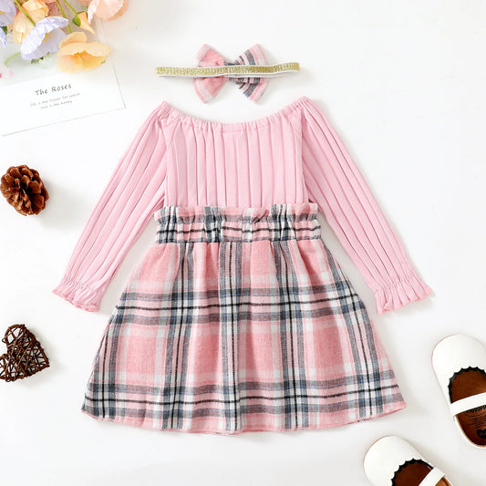 2PCS Baby Girls clothing Cute Plaid Pattern Dress &Bow Headband Set Autumn Winter Baby Girl Outfit  As Gift For Party