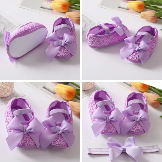 2 Pcs/set Baby Girl Shoes Satin Cloth Bowknot Princess Shoes Toddler Soft Sole Non-slip Walking Shoes With Headband Set 0-18M
