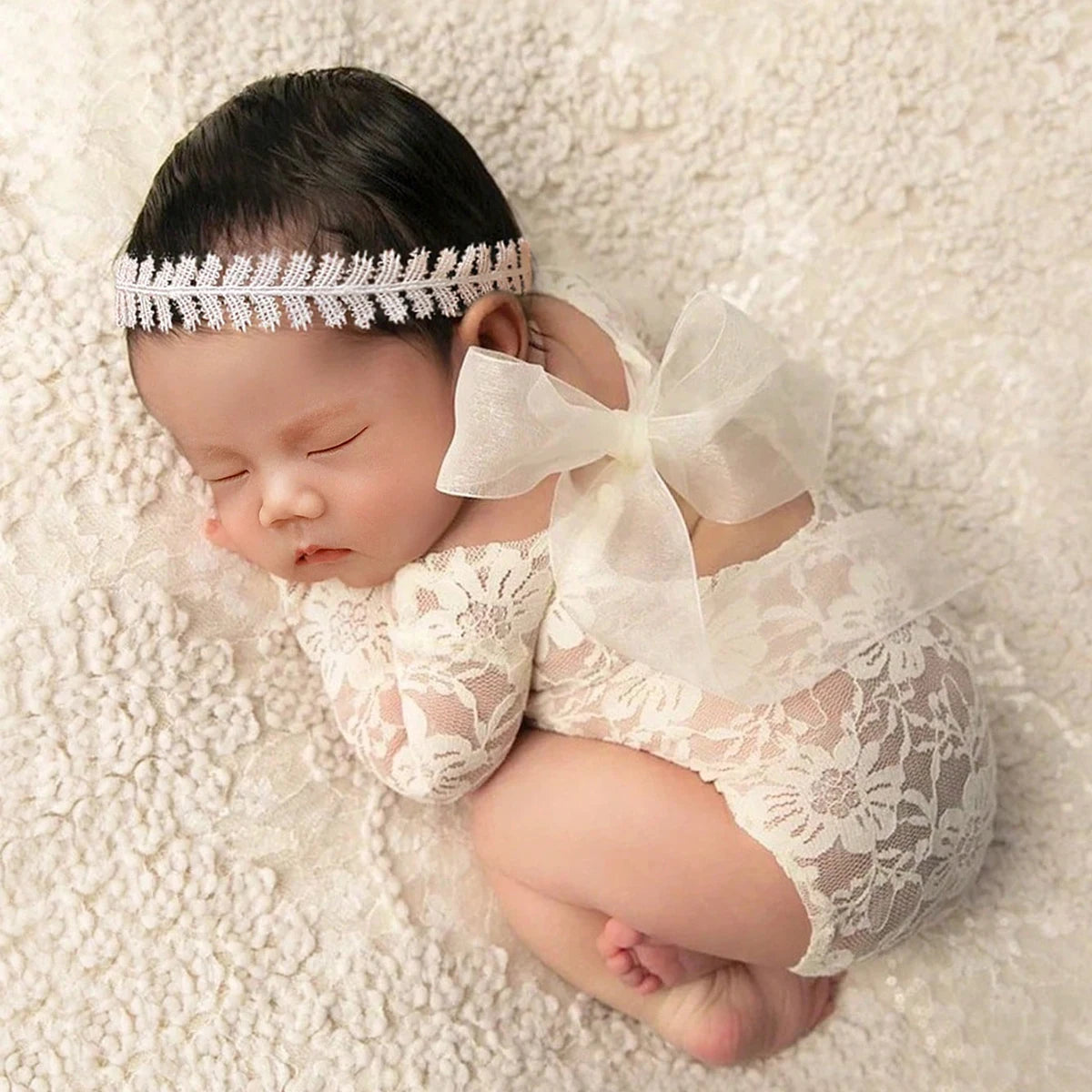 Ylsteed 2 Pieces Set Newborn Lace Romper Infant Photography Outfits with Matching Headband Baby Girl Photo Shooting Props