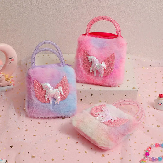 Unicorn Cartoon Plush Shoulder Bag for Kids Crossbody Bag for Kindergarten Girls Portable Outdoor Small Square Coin Bag Wallet