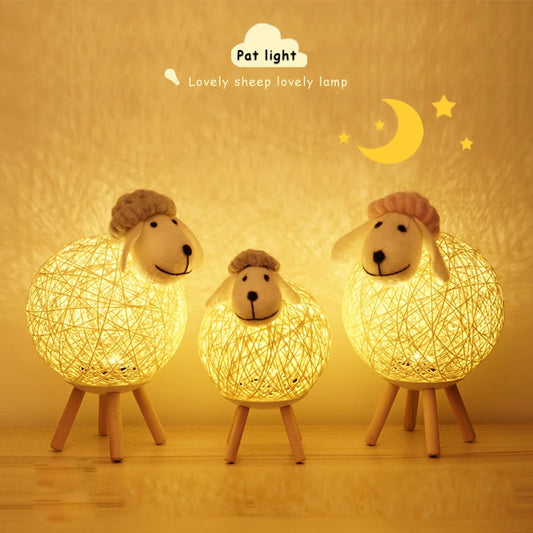 Cute Sheep LED Night Light Hand-woven Animals Lampshade Moon Children Bedroom Sleep Lamp USB Bedside Decoration Dropshipping