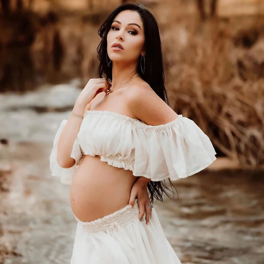 Women's Long Dress Maternity Dresses For Photoshoot Pregnancy Clothes Chiffon Off Shoulder Ruffled Semi Transparent Photography