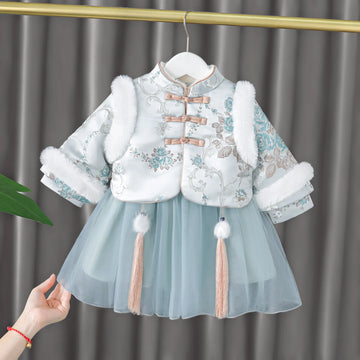 Baby Girls Tang Suit Clothes Winter Warm Thickened Velvet Top + Princess Dress Chinese Traditional Infant New Year Clothing Set
