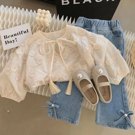 Fashion Baby Girl Bow Jean Flare Pant Infant Toddler Child Elegant Preal Denim Trousers Bell-bottomed Pant Baby Clothes 1-7Y