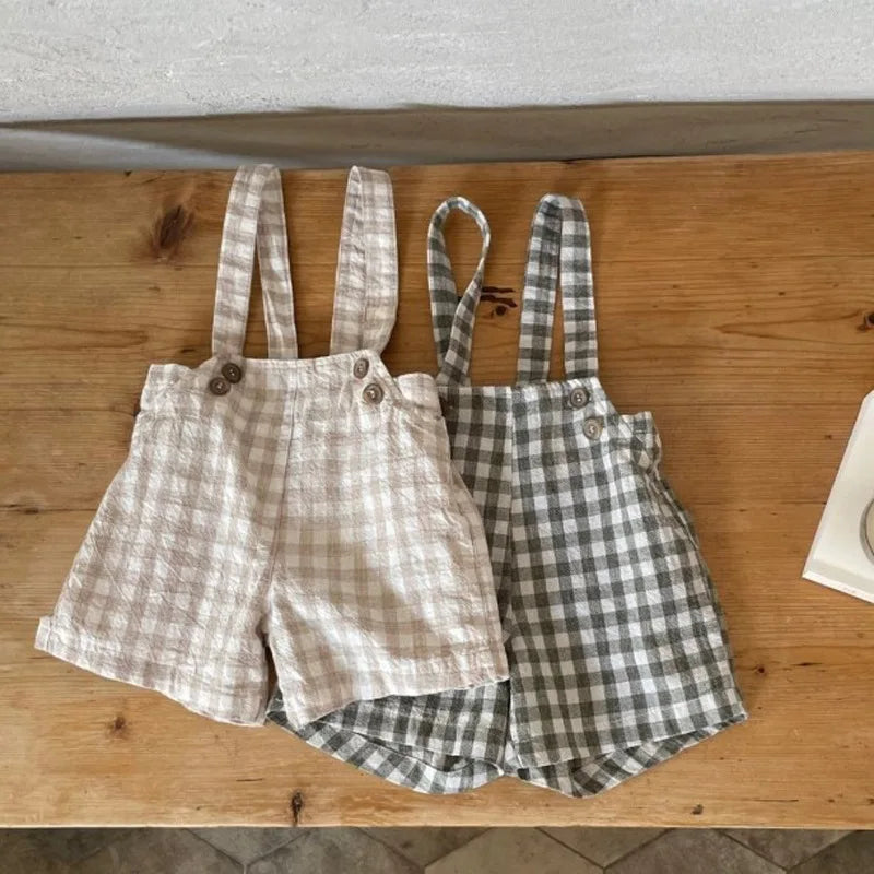 Infant Boy Fashion Plaid Overalls Toddler Girl All-match Sling Shorts Baby Summer Thin Simple Cotton Linen Short Pants
