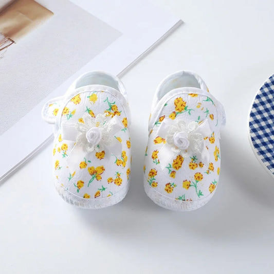 Spring Autumn Baby Walking Shoes Girls Floral Bowknot Princess Shoes Soft Sole Anti-slip Cloth Shoes 0-8 Months