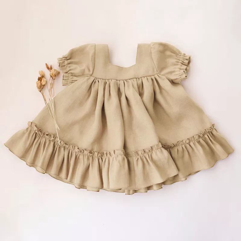 Baby Girls Cotton and Linen Dress Summer New Style Button Casual Loose Baby Dresses Kids Baby Short Sleeve Clothes