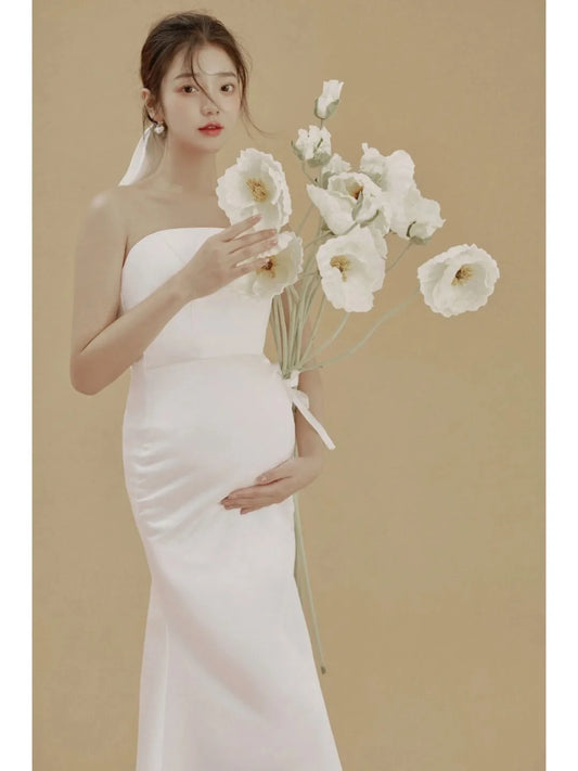 Premama Elegant Wedding Evening Party Dresses For Pregnant Women Solid White Long Dress Big Bow Maternity Photoshoot Baby Shower
