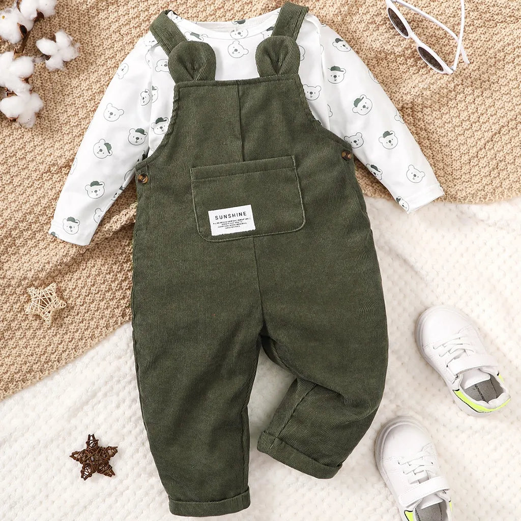 3-24 Months Toddler Baby Boy and Girl 2pcs Clothes Set Bear Print Bodysuit with Green Overall Fashion Cute Autumn&Winter Wear