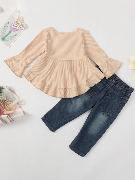 Baby Girl's 2pcs Ribbed Long Sleeve Top & Ripped Denim Jeans Set Ruffle Decor Casual Outfits Toddler Kids Clothes For Spring