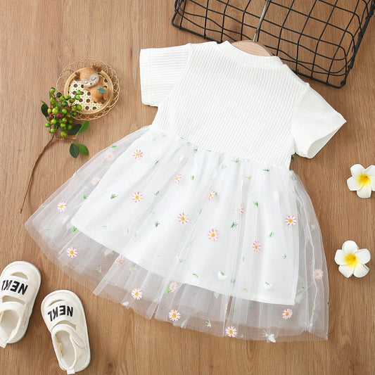 Baby Girls Short Sleeve Flower Tulle Lace Princess Dress Kids Summer Clothes