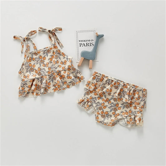 Tregren 3-24M Infant Baby Girls Swimwear Floral Lemon Print Frilly Tank Tops Shorts 2pcs Swimsuit Toddler Bathing Suit Beachwear