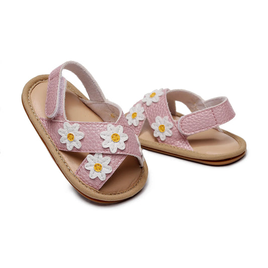 Baby Girls Anti-slip Flat Shoes, Floral Applique Pattern Soft Sole Sandals, White/ Golden/ Pink