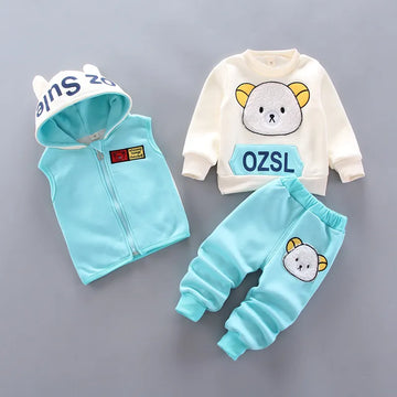 2023 Winter Baby Clothes Sets Autumn Cotton Thick Warm Suit Hooded Sweater Cartoon Cute Three-Piece Baby Girls Boy Fleece Outfit