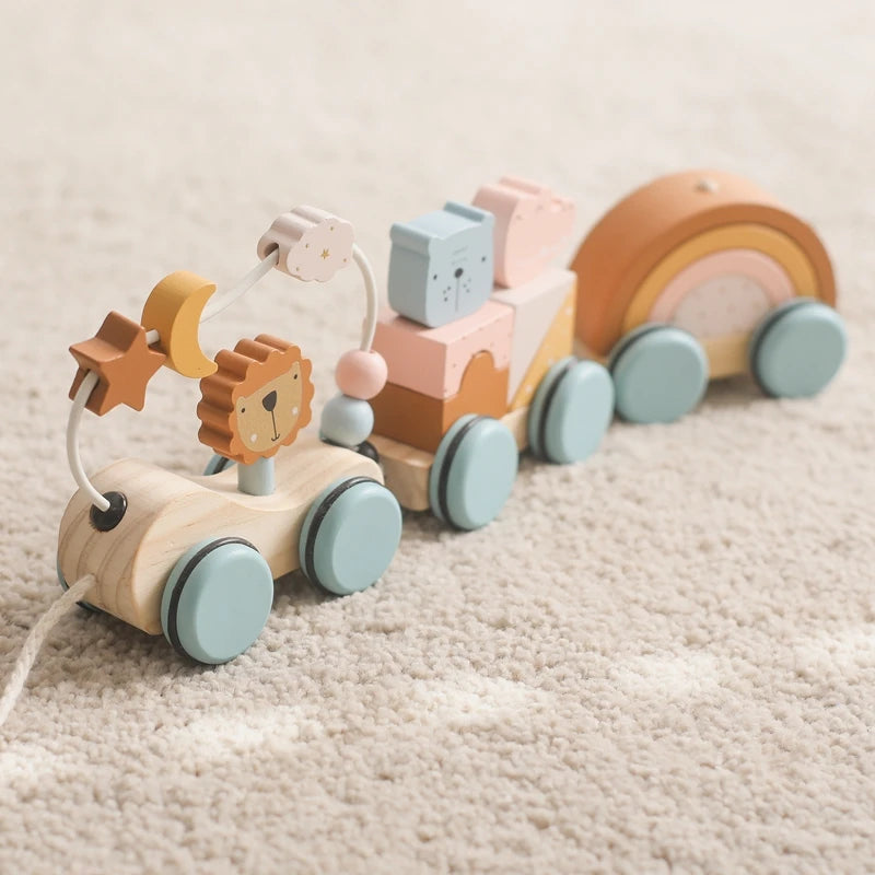 1PC Baby Wooden Toys Beech Wood Cartoon Lion Car Montessori Educational Toys Boy Girl Baby 0-12 Months Toys Newborn Gifts
