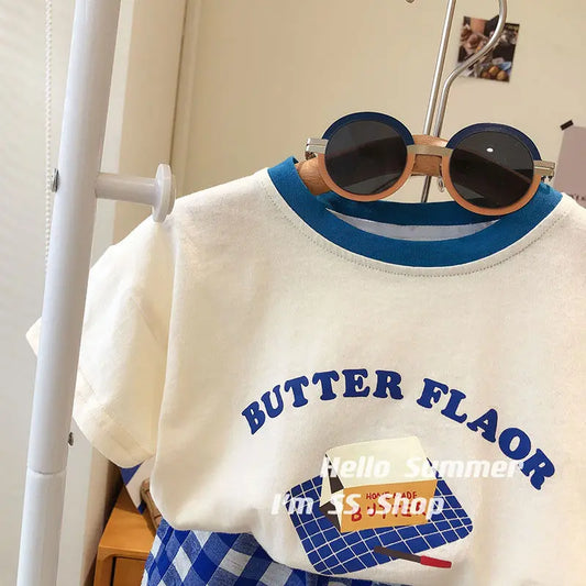 2023 Summer T-shirt Shorts Set Kids' Letter Print+Plaid Shorts Set Clothes Girls Boys' Baby Clothes Casual Set