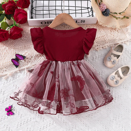 Dress For Kids 3Months -3Years old Cute Butterfly Embroidery Mesh Ruffle Trim Bow Front Princess Formal Dresses