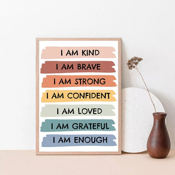 Kid Affirmations Wall Art Canvas Painting I Am Kind I Am Enough Colorful Poster Prints Nursery Kids Room Playroom Wall Art Decor