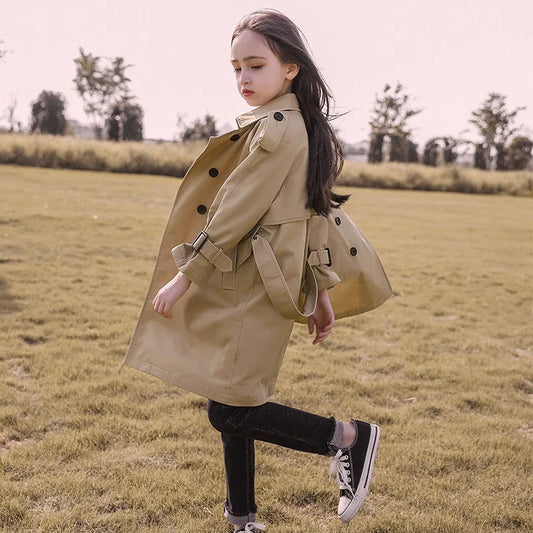 2024 Spring Autumn Cotton Teen Girls Long Trench Coats New Fashion England Style Windbreaker Jacket For Girls Children Clothing