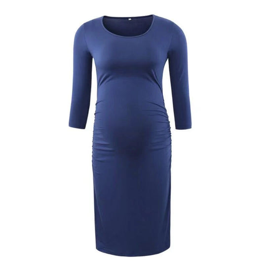 2023 Maternity Dress O-neck Long Sleeve Pregnant Comfortable Clothings Midi Pregnancy Clothes for  Solid Women