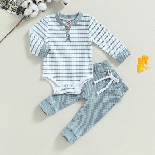 0-24M Spring Autumn Baby Boy Clothing Sets Ribbed Knitted Striped Print Long Sleeve Button Bodysuits+Drawstring Long Pants Suits