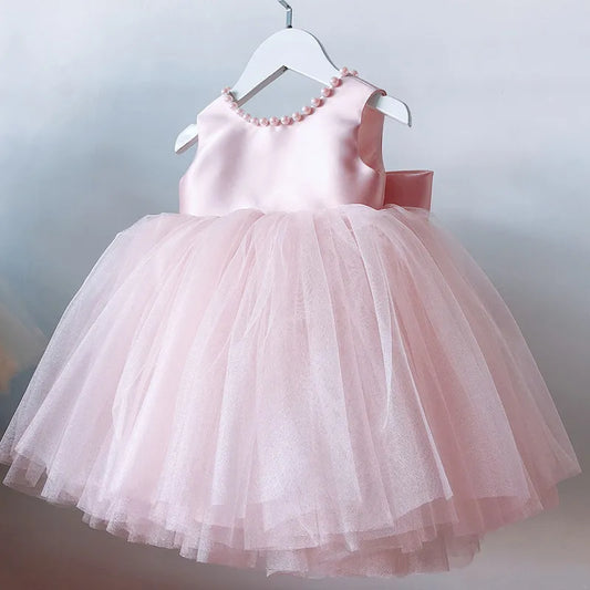 1-5 Yrs Baby Girls Party Dress for Backless Bow Birthday Wedding Flower Girl Gowns Beading Toddler Kids Baptism Princess Dresses