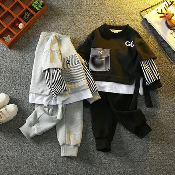 Spring Autumn Children Clothing Suits for Boys Girls Stripe Fake Two-piece Long Sleeve Hoodies Pants 2PCS Outfits Kids Baby Suit