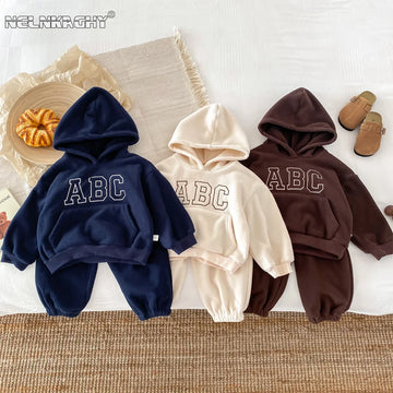 Kids Autumn Winter Double-Sided Velvet Hoodie Set - New Letter Sportswear, Infant Baby 2-Piece Outdoor Clothing Hoodies+pants