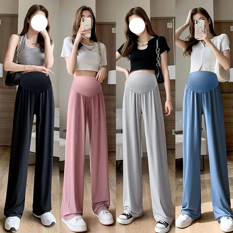 Solid Color Maternity Belly Pants Solid Color High Waist Thin Cool Pregnant Woman Straight Trousers Long Loose Pregnancy Pants