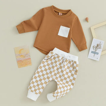 Toddler Baby Boys Clothing Set Winter Fall Kids Outfits Pocket Long Sleeve Sweatshirts Checkerboard Print Pants 2Pcs Clothes