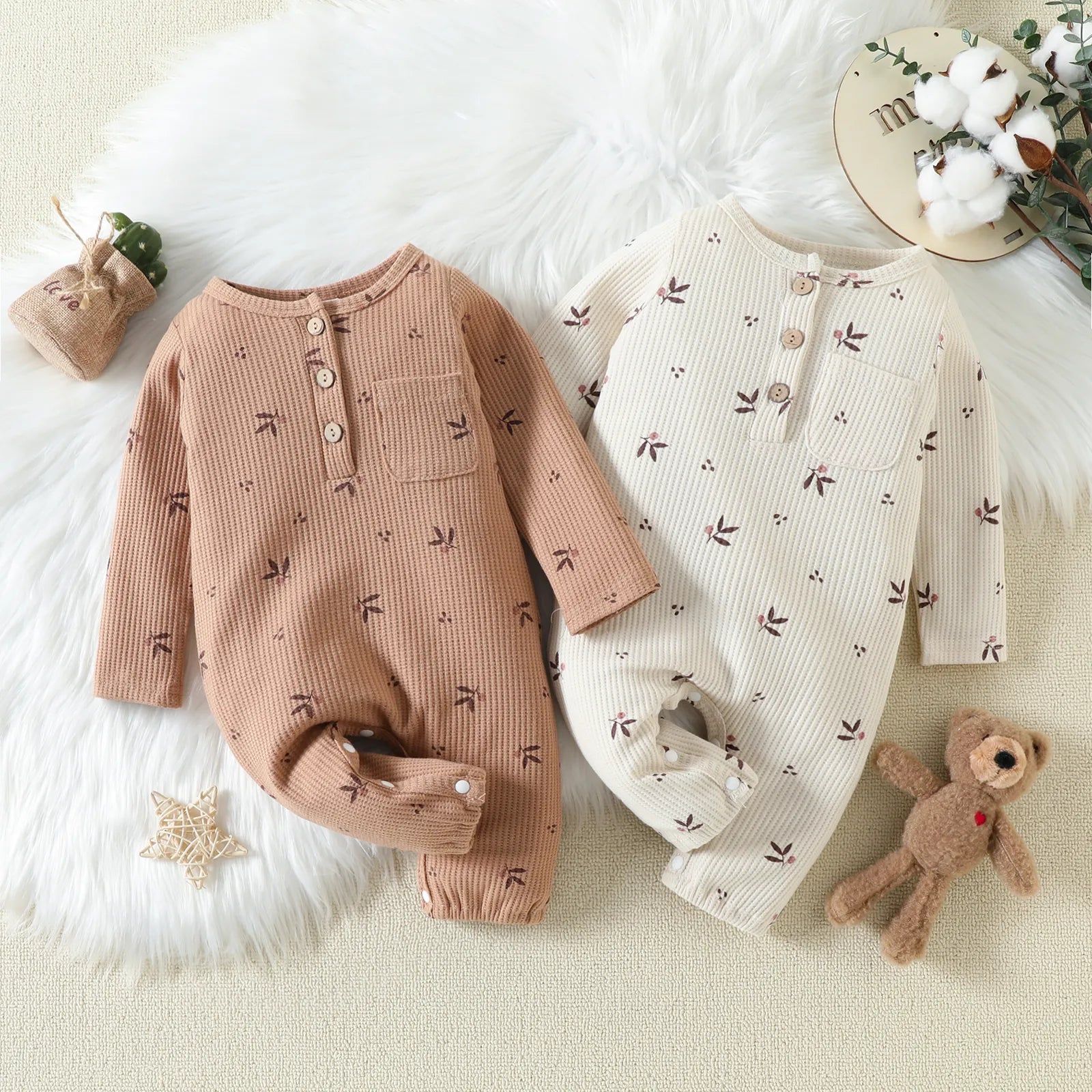 Newborn Baby Girls Knitted Jumpsuit Fall Spring Long Sleeve Button Floral Romper Toddler Kids Playsuits Children Cotton Clothes